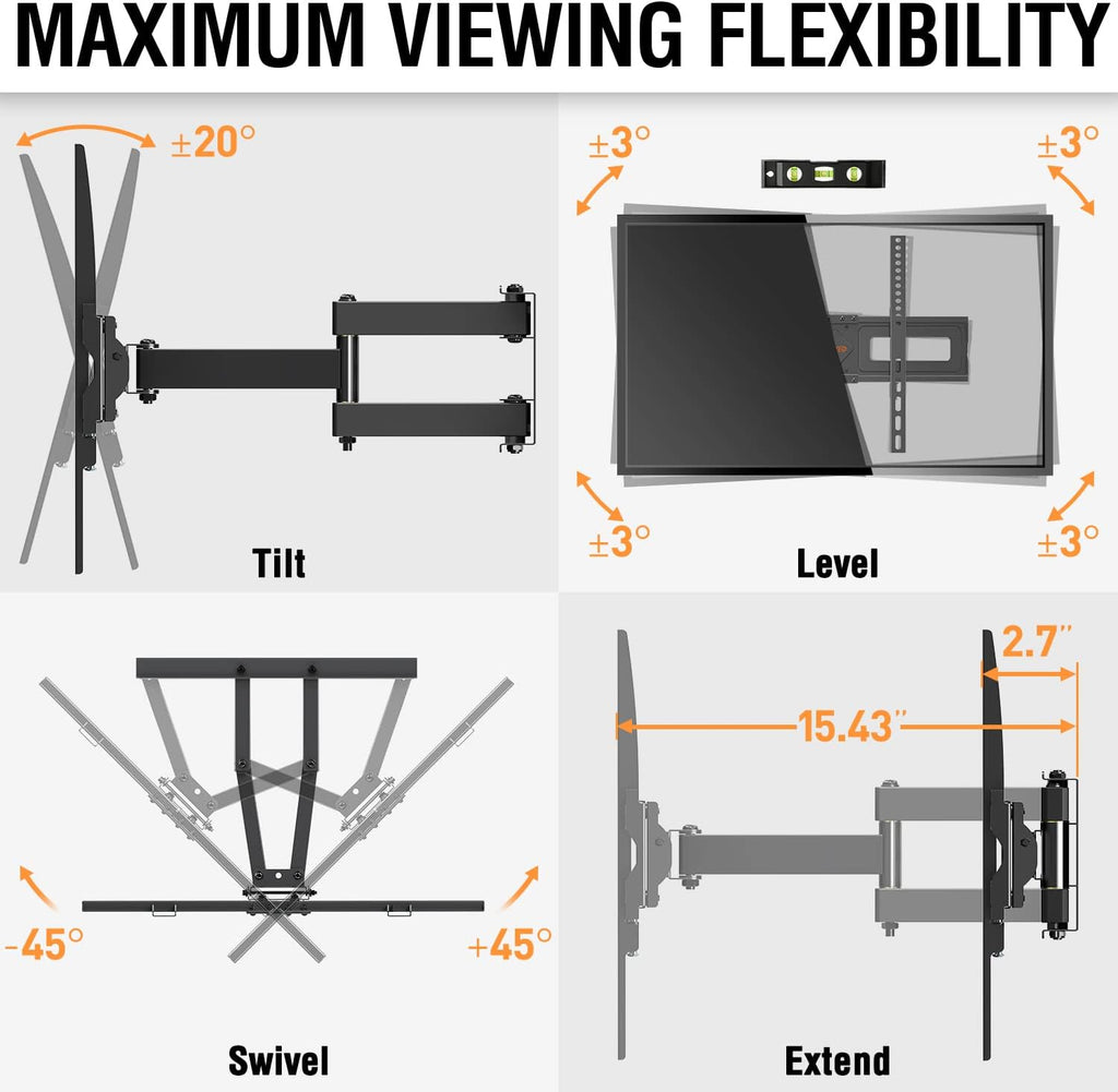 TV Wall Mount for 37-75 Inch Flat Screen TVs, Swivel and Tilt Full Motion, Max VESA 600x400mm, 99 lbs, Pack of 2 T69731