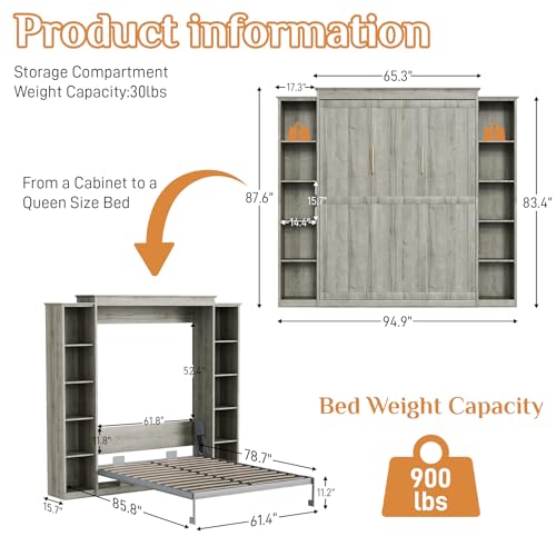 Gray Queen Wood Wall Bedframe with Storage Bookcase and 4 Adjustable Shelves B3008