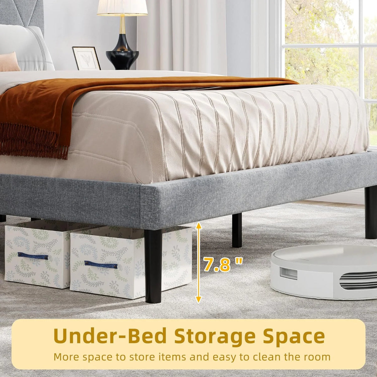 King Size Upholstered Platform Bed with Adjustable Headboard and Under-Bed Storage, Grey Y36779