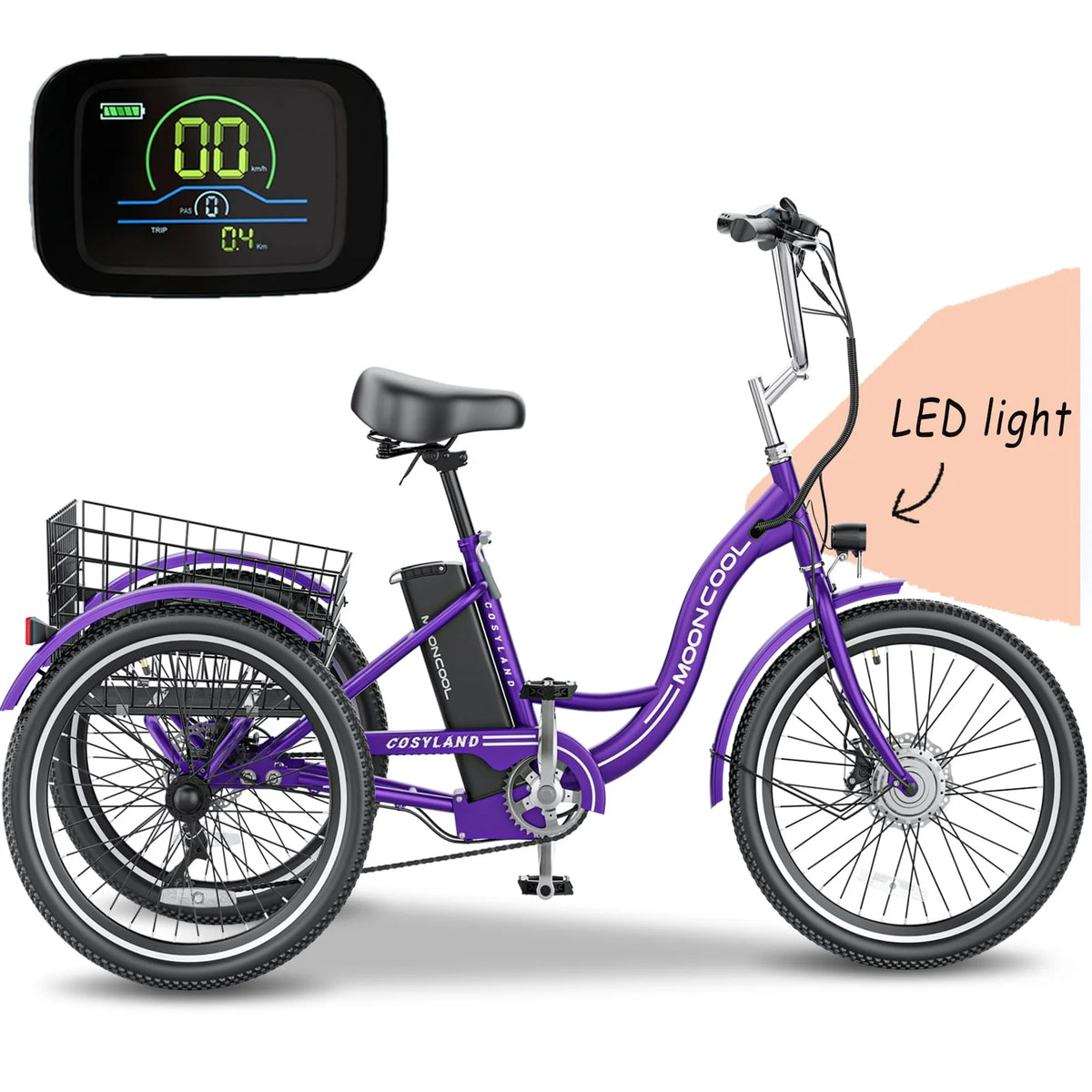 Adult Electric Tricycle, 3 Wheel Electric Bike, 7-Speed, Removable Lithium Battery K4021