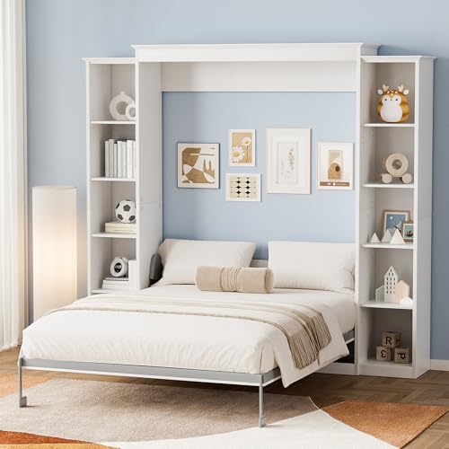 Gray Queen Wood Wall Bedframe with Storage Bookcase and 4 Adjustable Shelves B3008