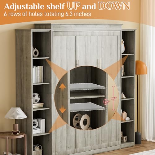 Gray Queen Wood Wall Bedframe with Storage Bookcase and 4 Adjustable Shelves B3008