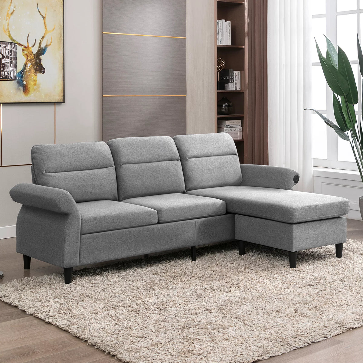 88" Convertible Sectional Sofa Couch with 2 USB Ports, Linen Fabric, Light Grey X2400