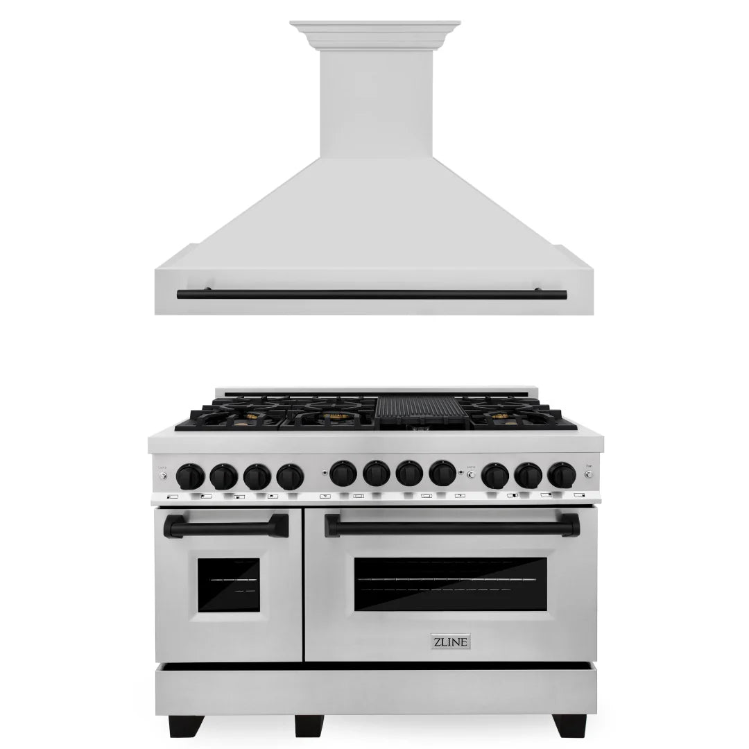 48 In. Gas Range and Range Hood in Stainless Steel with Matte Black Accents T952