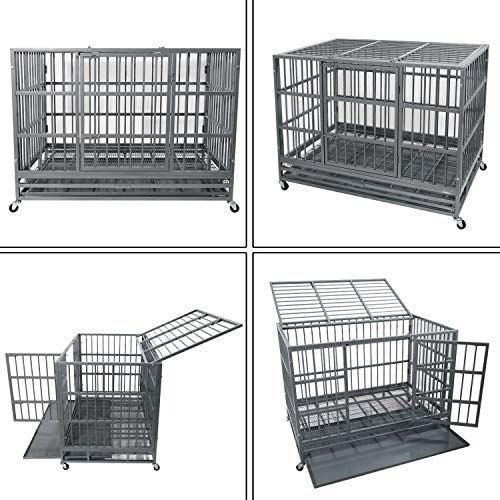 48 Inch Heavy Duty Dog Crate with Wheels, Double Door and Removable Tray M5997