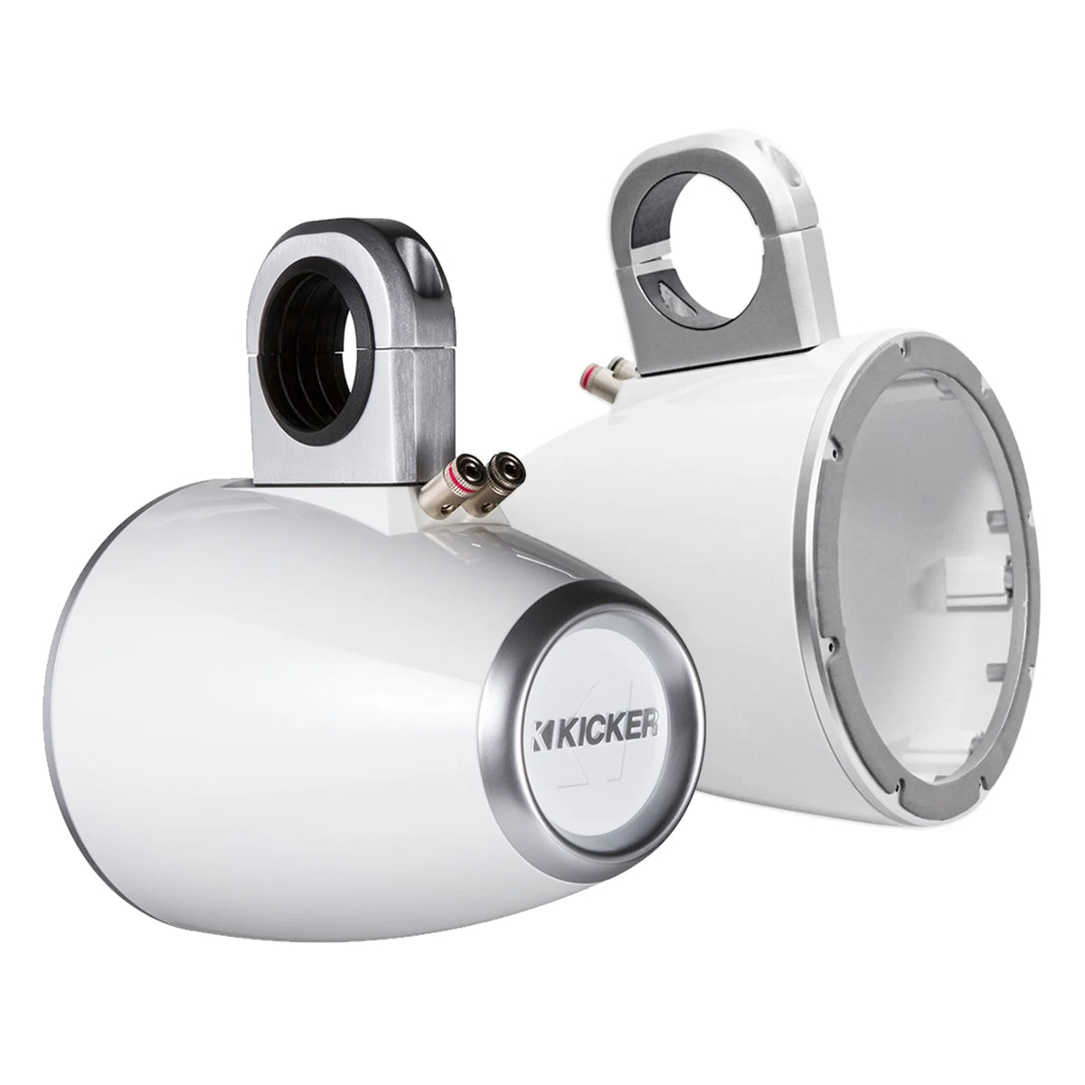 4x Kicker KM60 6.5-Inch Marine White Coaxial Speakers, 4x Kicker Marine KMTESW Tower Enclosure for 6.5-Inch Drivers White, Enrock Audio Marine Grade Spool of 50 Foot 16-Gauge Speaker Wire N707165