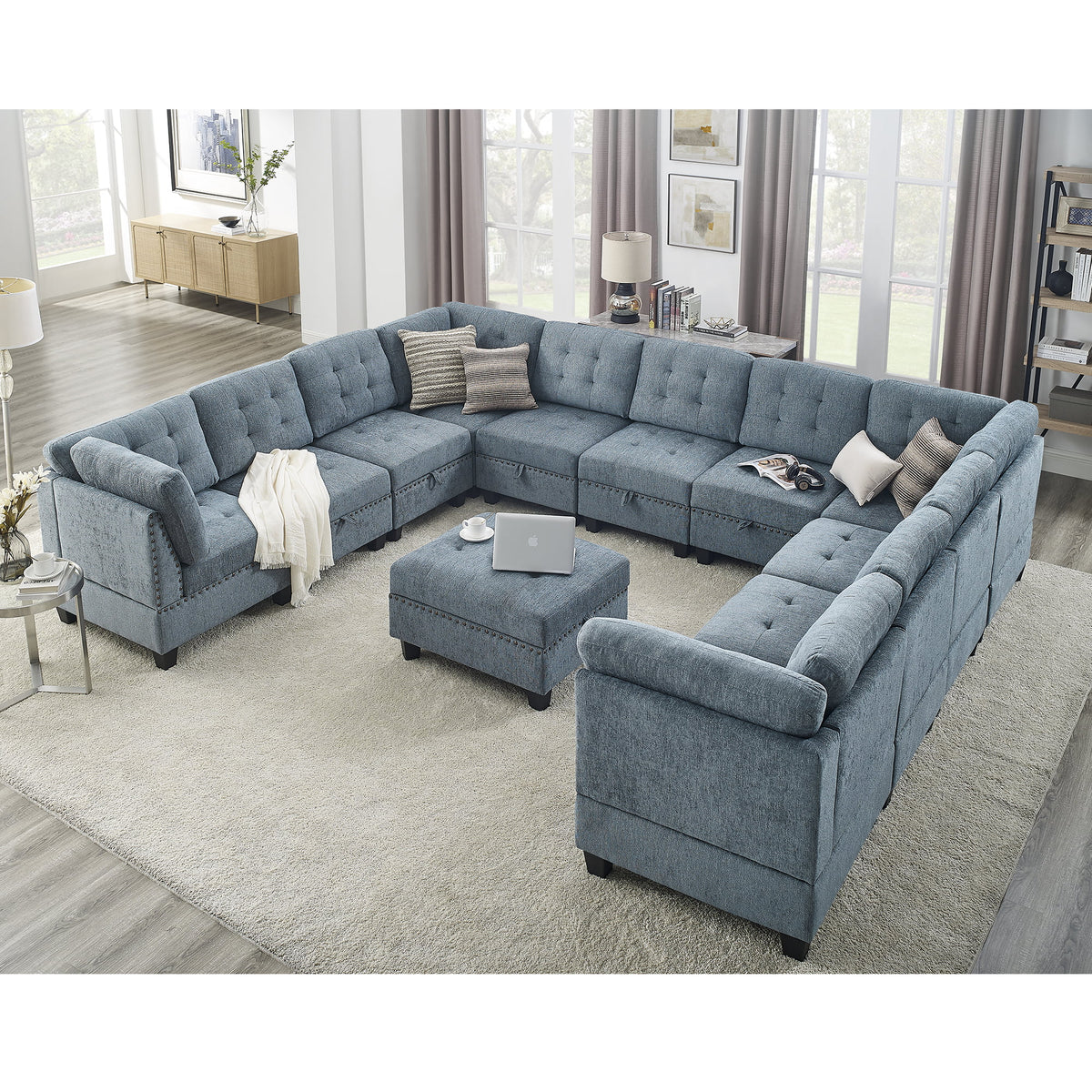 U Shape Modular Sectional Sofa with Seven Single Chair, Four Corner and One Ottoman, Navy Blue P66005