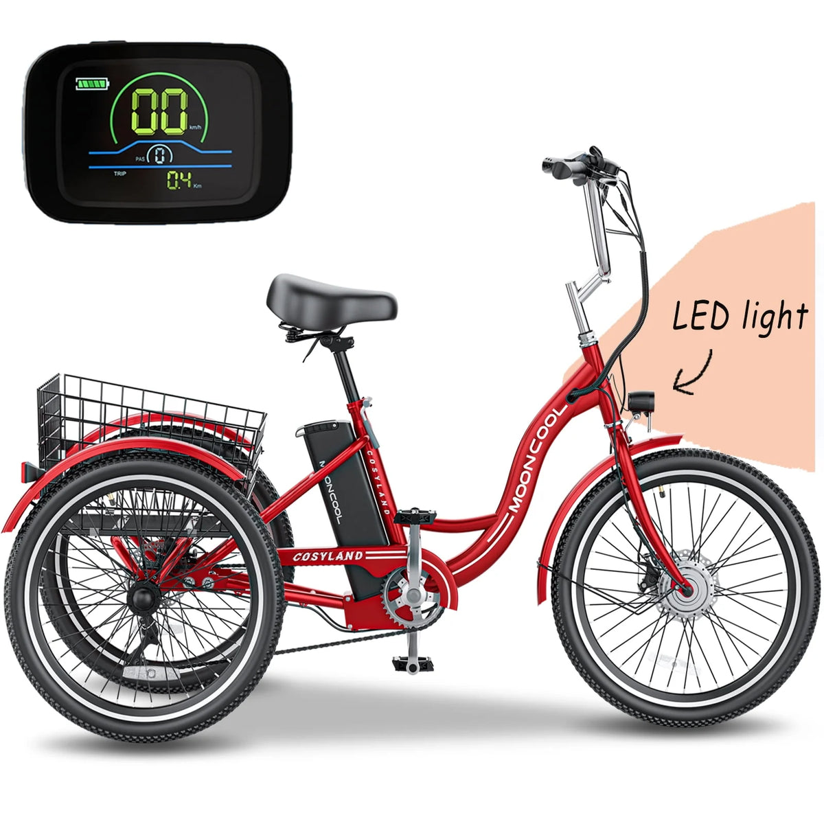 Adult Electric Tricycle, 3 Wheel Electric Bike, 7-Speed, Removable Lithium Battery K4021