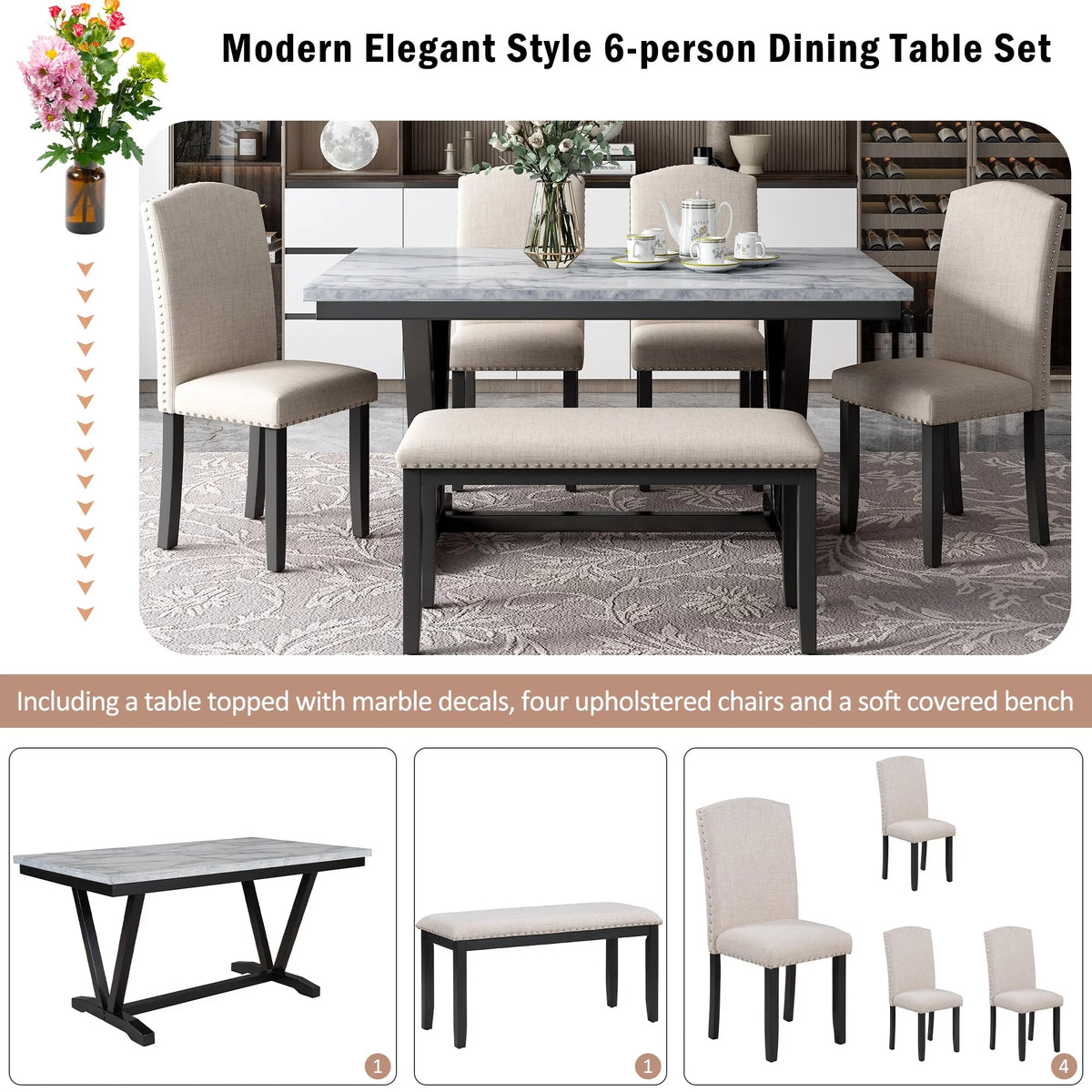 6-piece Dining Table with 4 Chairs & 1 Bench N801