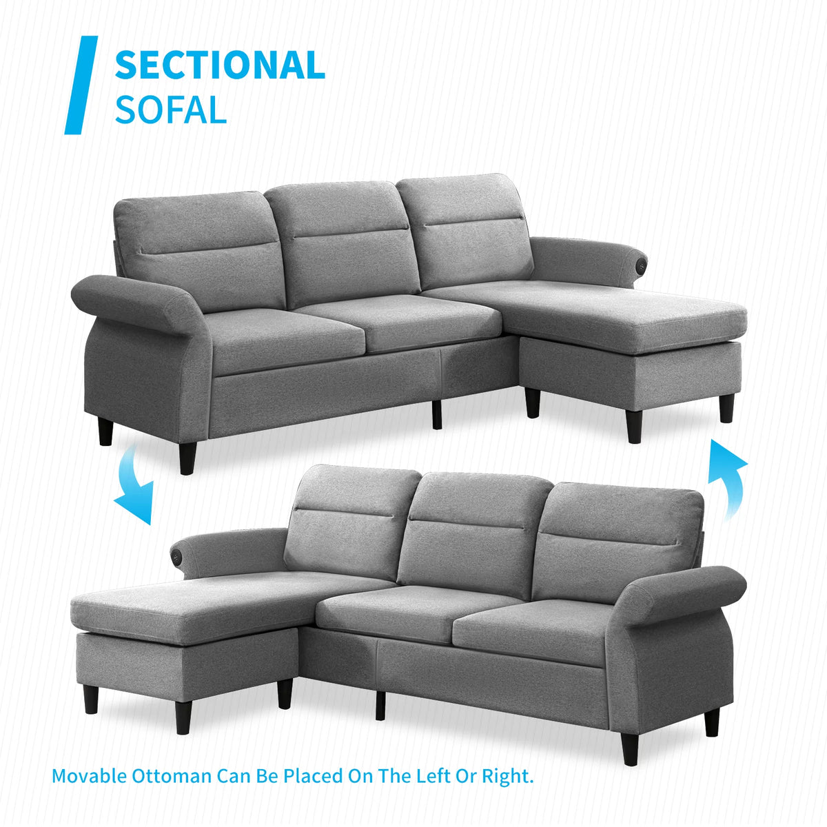 88" Convertible Sectional Sofa Couch with 2 USB Ports, Linen Fabric, Light Grey X2400