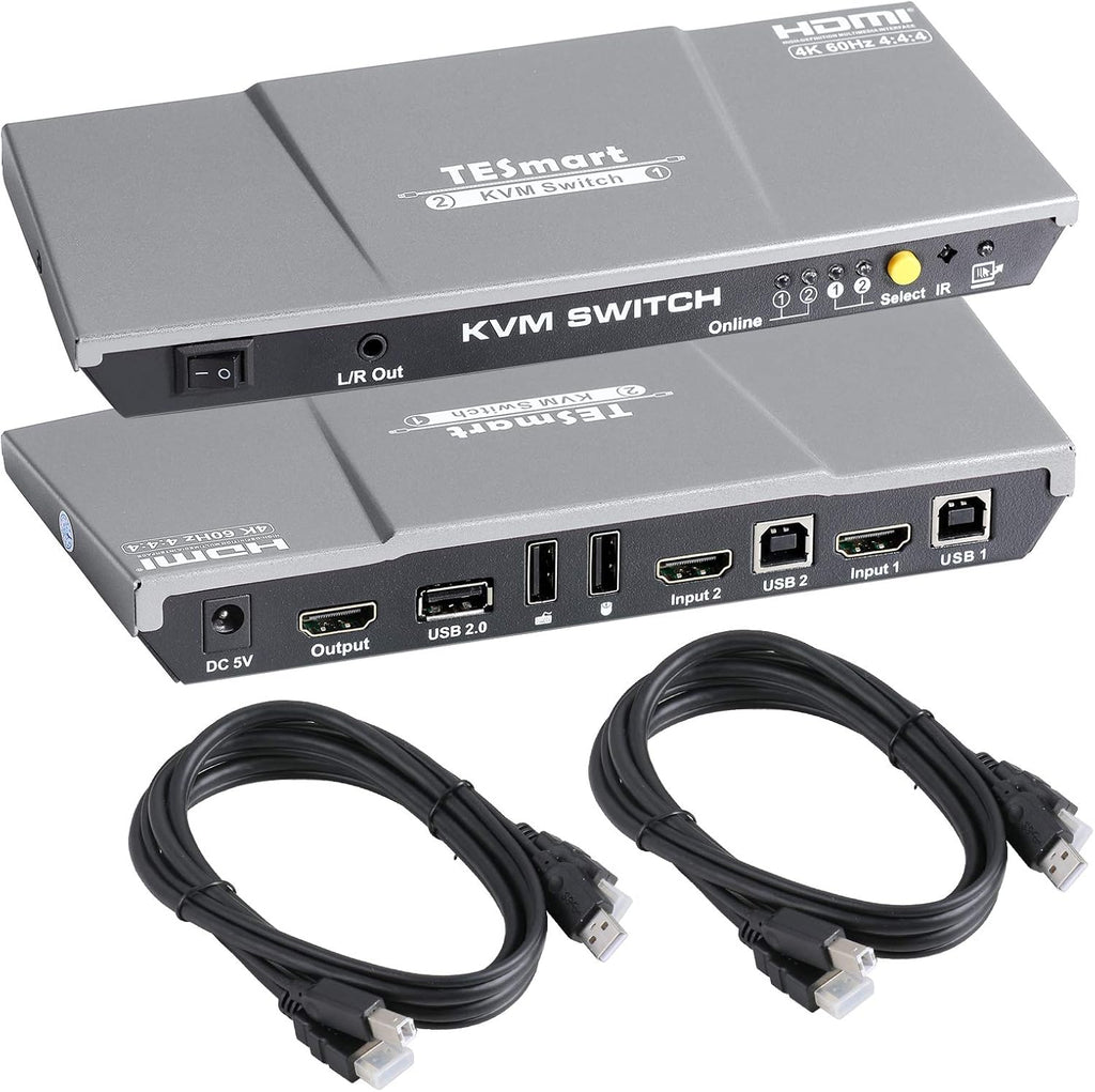 HDMI 4K@60Hz 2x1 KVM Switch with 2 Pcs 5ft KVM Cables Grey W17277