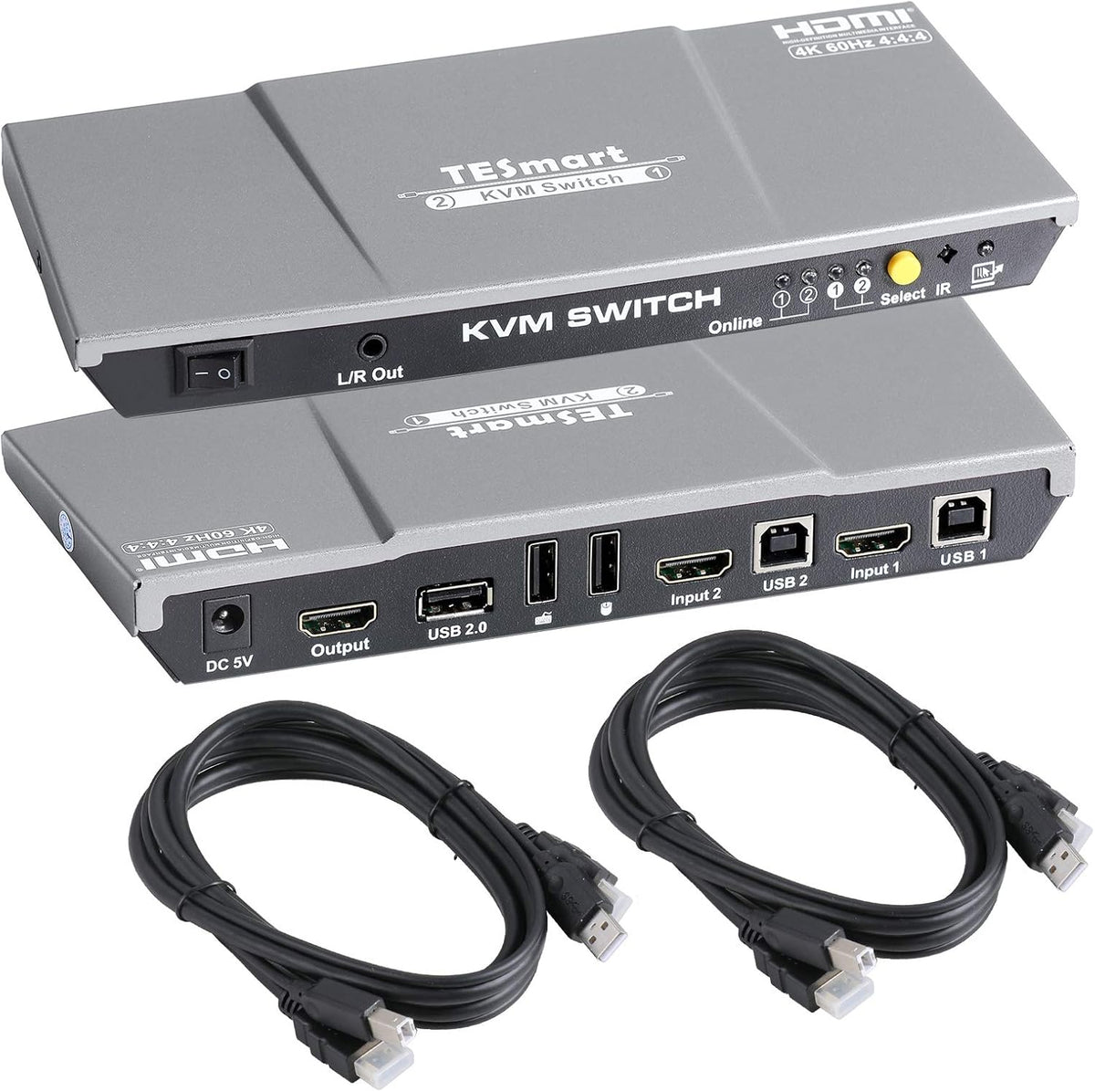 HDMI 4K@60Hz 2x1 KVM Switch with 2 Pcs 5ft KVM Cables Grey W17277