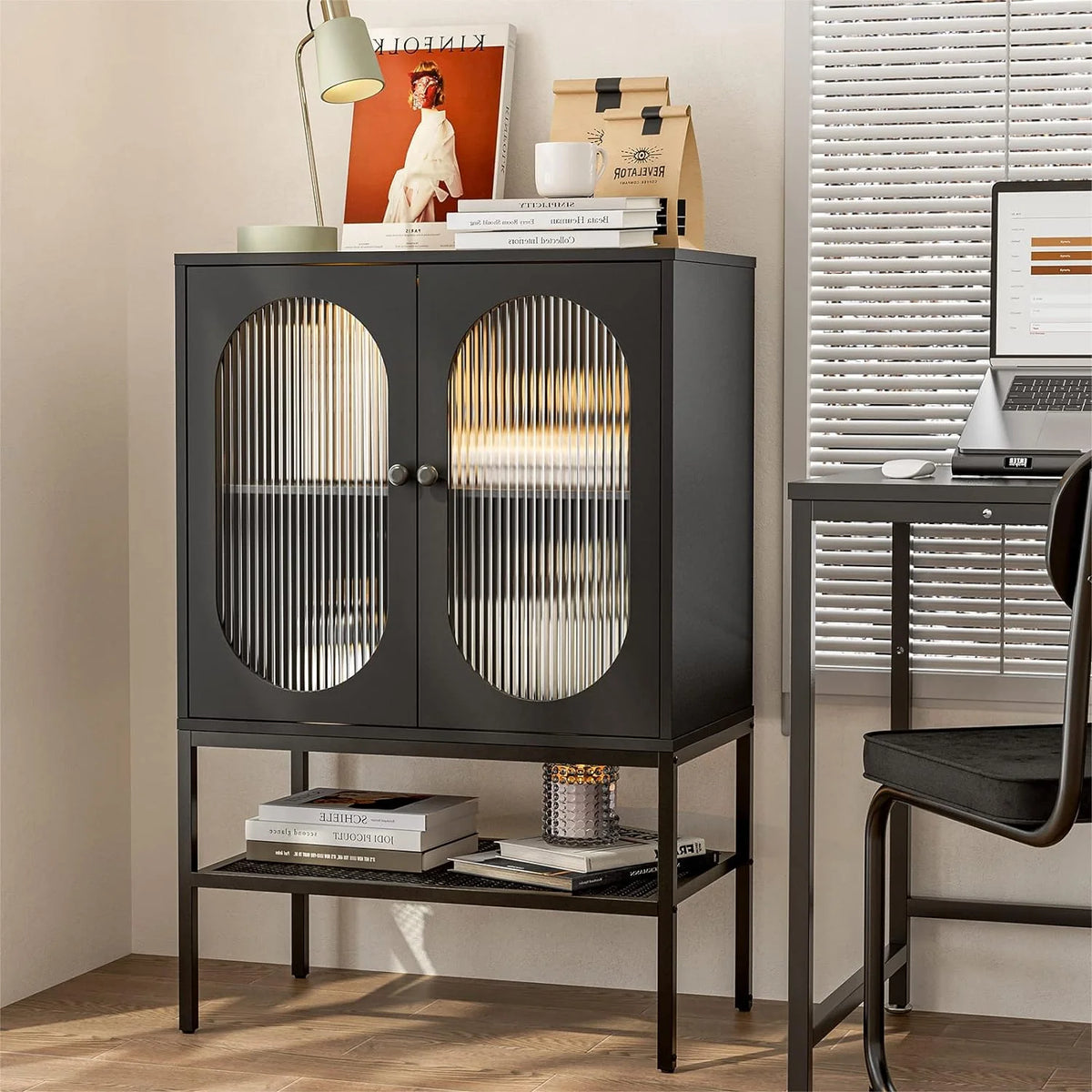 Black Glass Sideboard Buffet Cabinet with LED Lights C6021