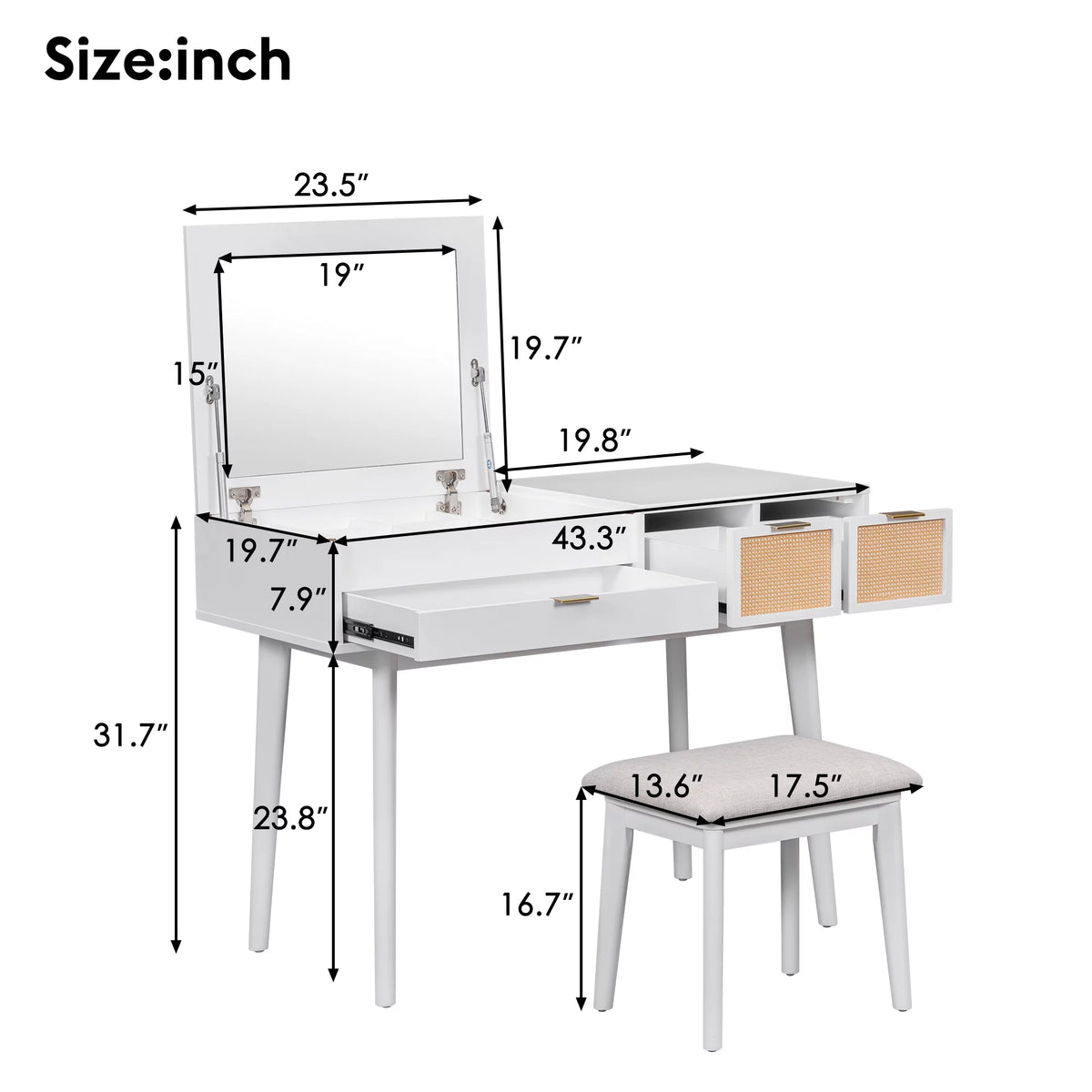 White Wood Makeup Dresser with Flip-top Mirror and Stool D817993