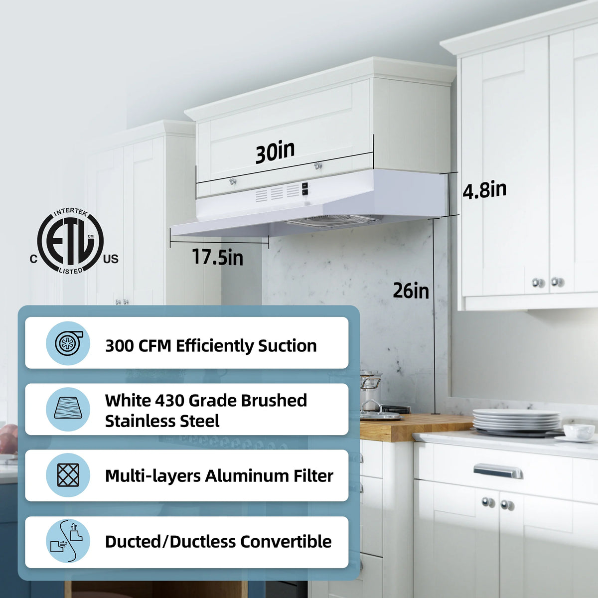 30 inch Under Cabinet Range Hood with 2 Speed Exhaust Fan A265