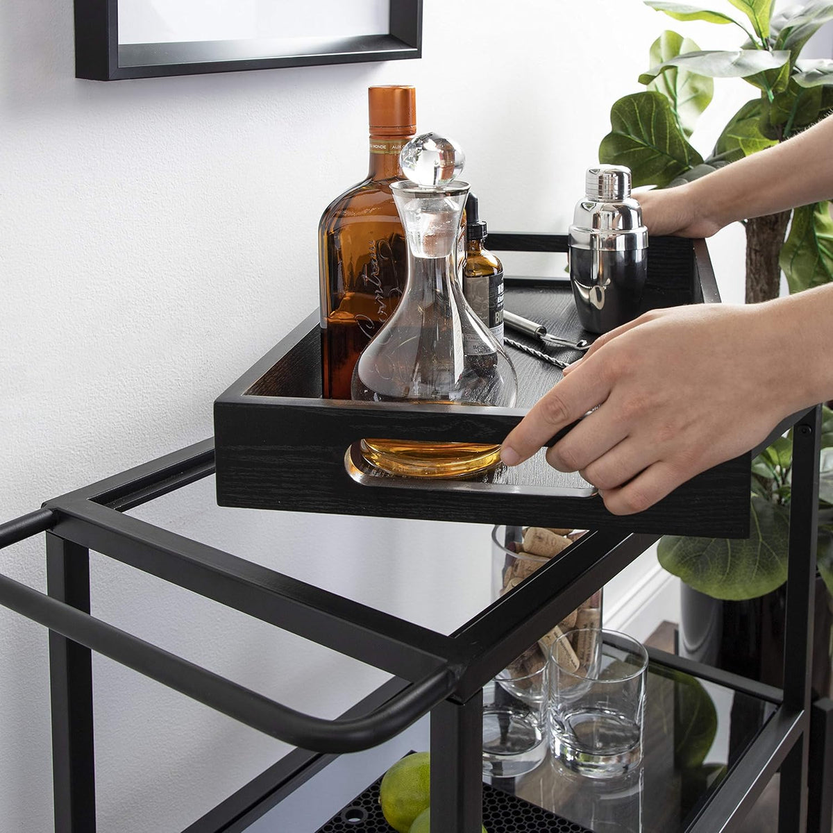 Black Metal Bar Cart with Removable Wood Tray N4246