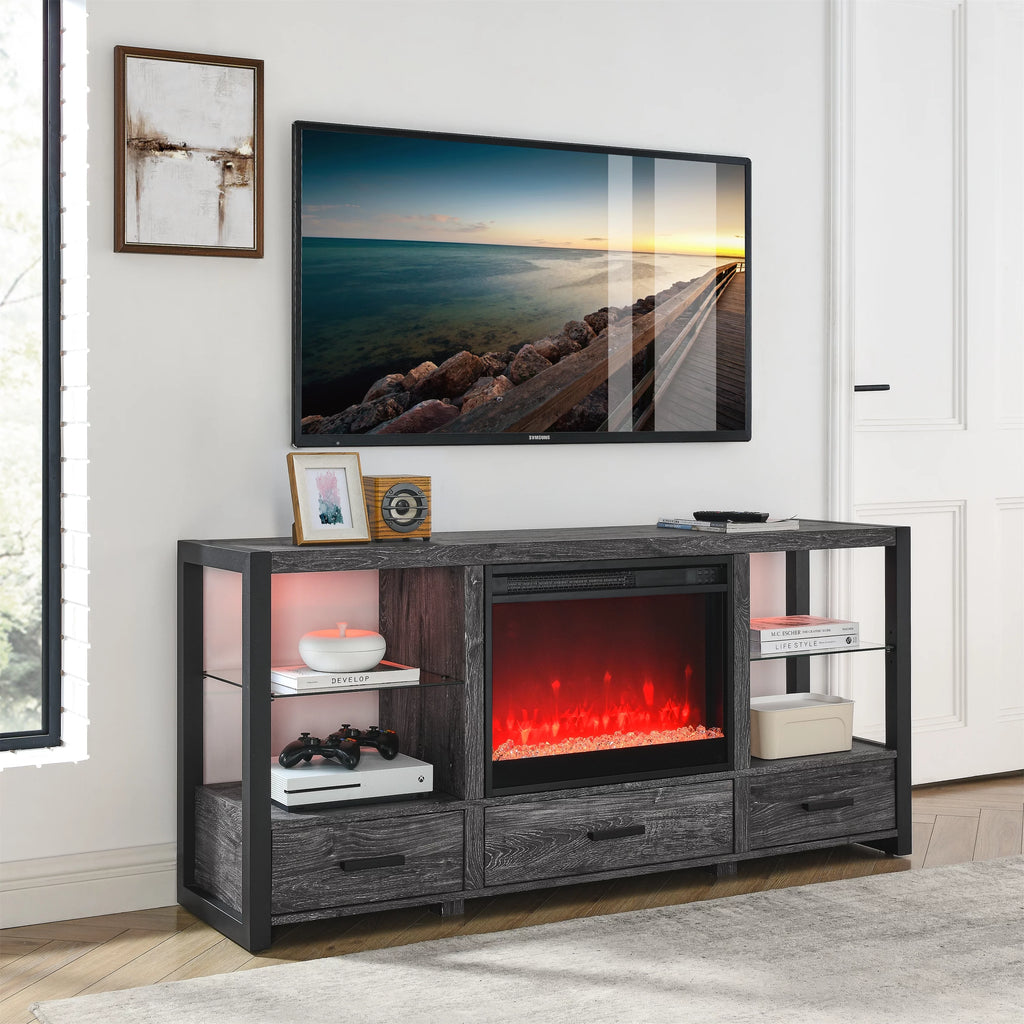 60 Inch Electric Fireplace Media TV Stand with LED Lights H69648