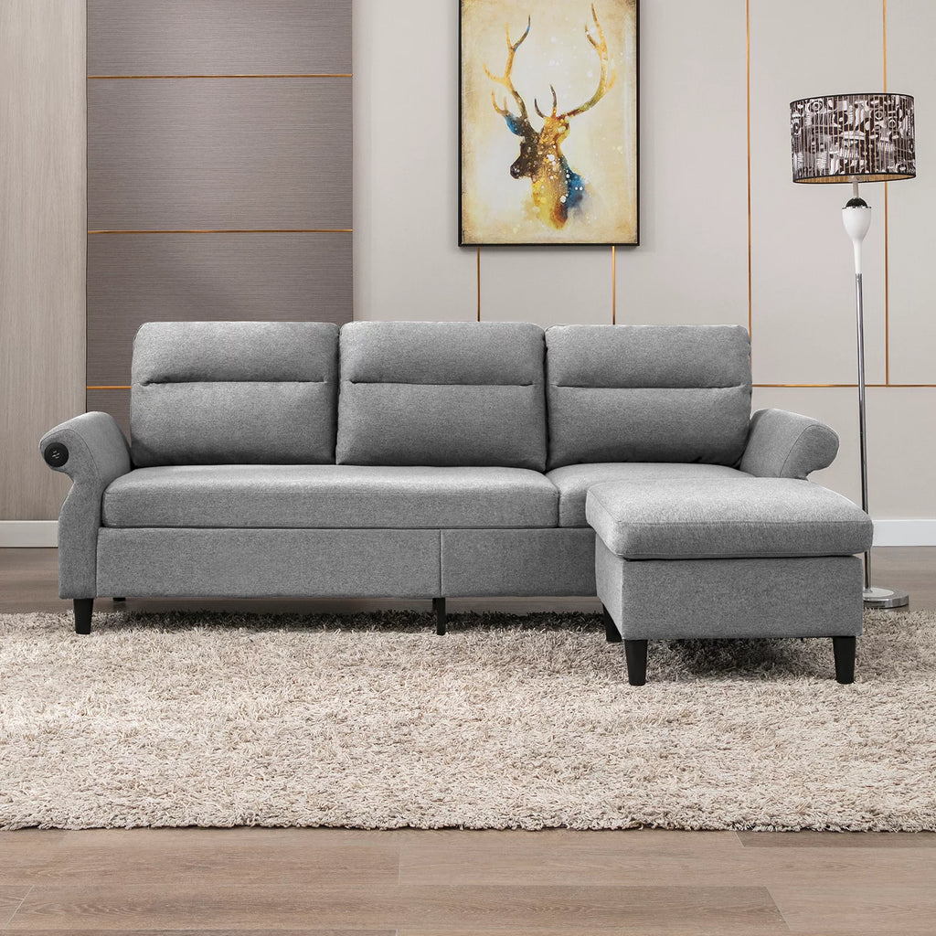 88" Convertible Sectional Sofa Couch with 2 USB Ports, Linen Fabric, Light Grey X2400