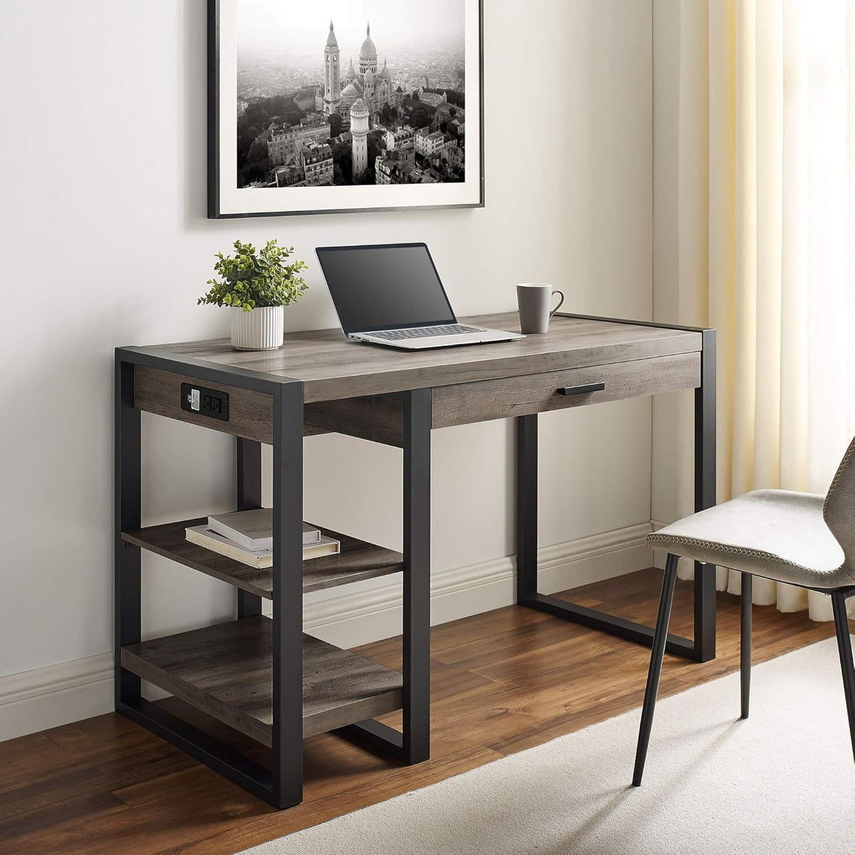 48 Inch Grey Wash Computer Desk with Drawer and Electrical Outlet X755