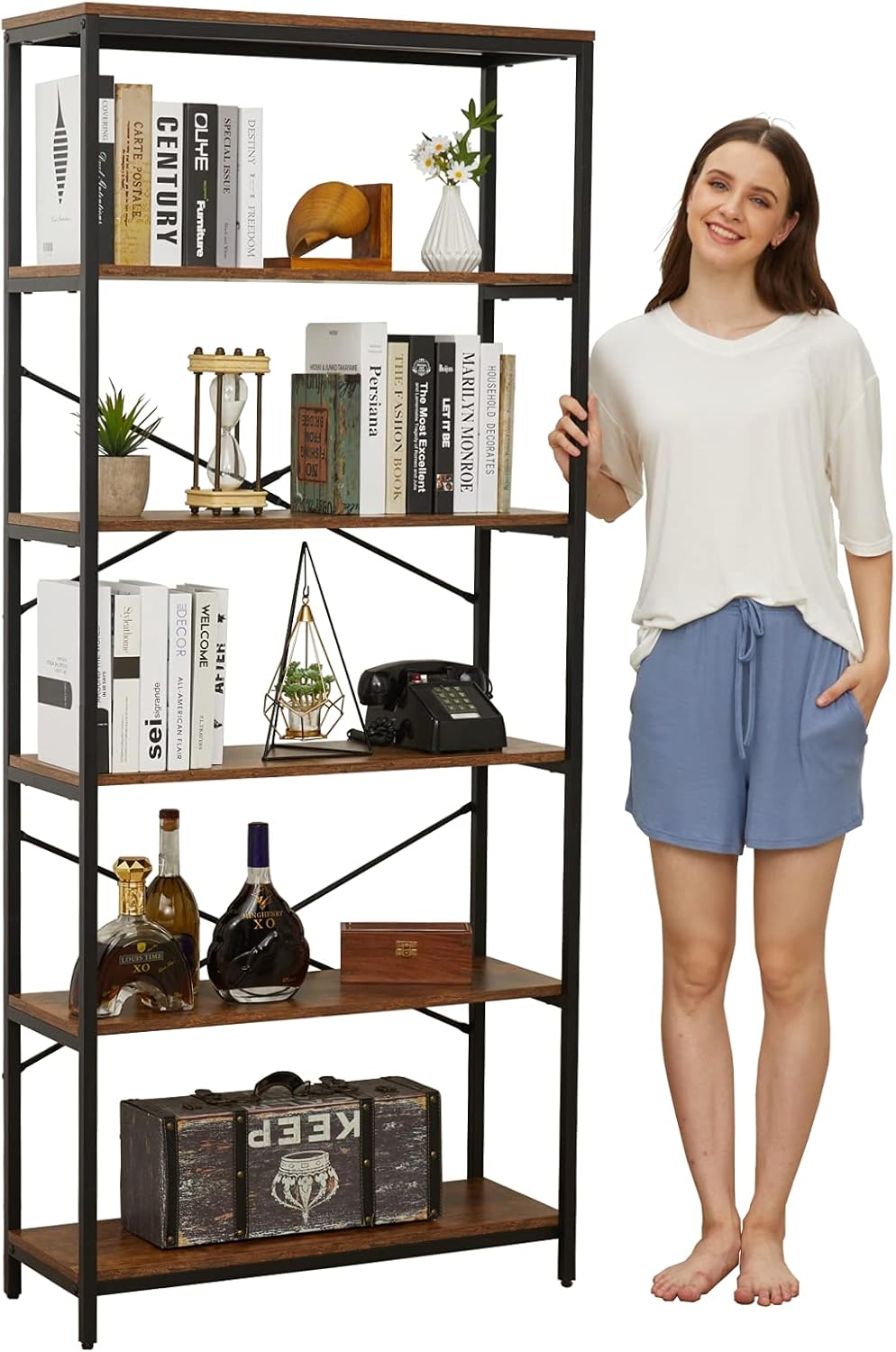 6-Tier Wood Top Bookshelf with Metal Frame O669584