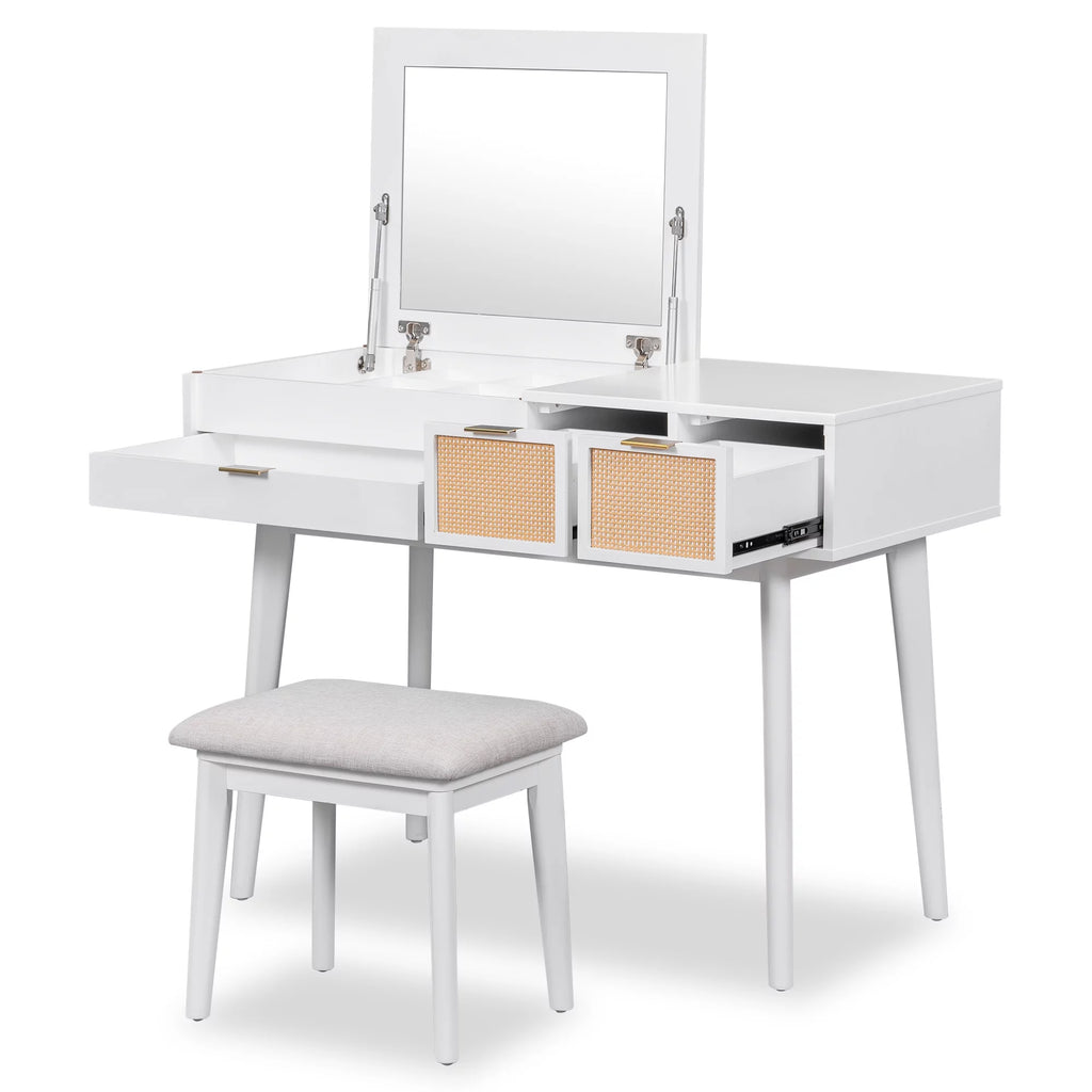 White Wood Makeup Dresser with Flip-top Mirror and Stool D817993