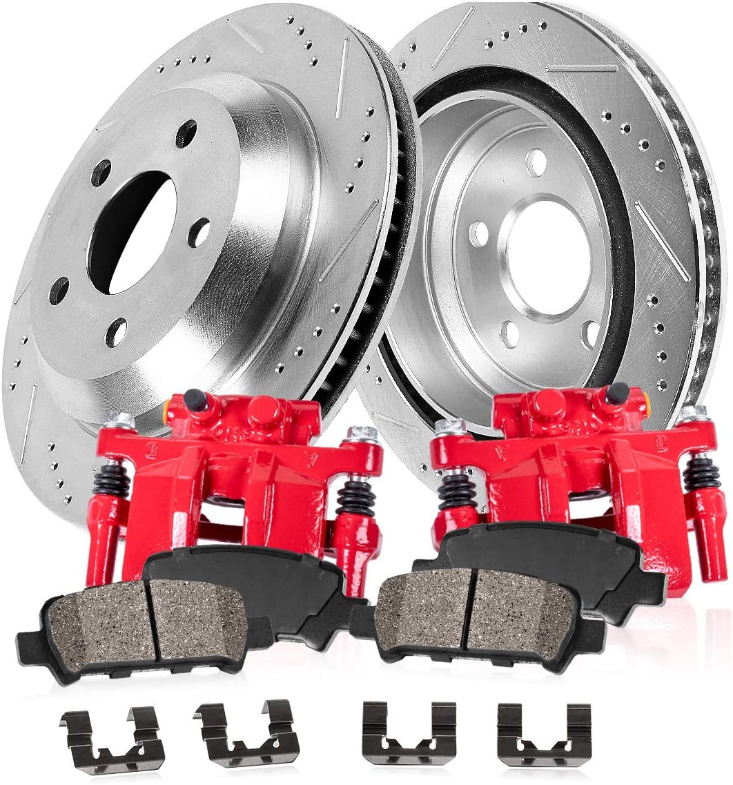 Powder Coated Red Calipers Drilled Slotted Rotors Ceramic Brake Pads S83224