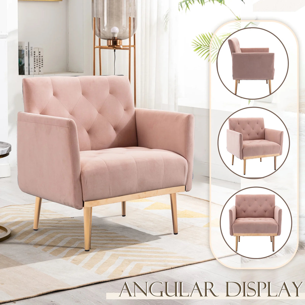 Pink Velvet Accent Chair with Metal Legs Q426