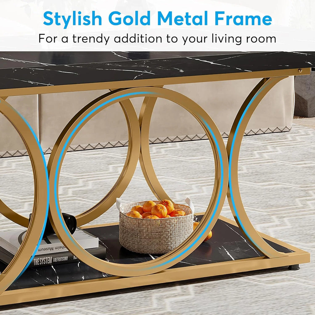 2-Tier Faux Marble Wood Coffee Table with Storage Shelf P833688