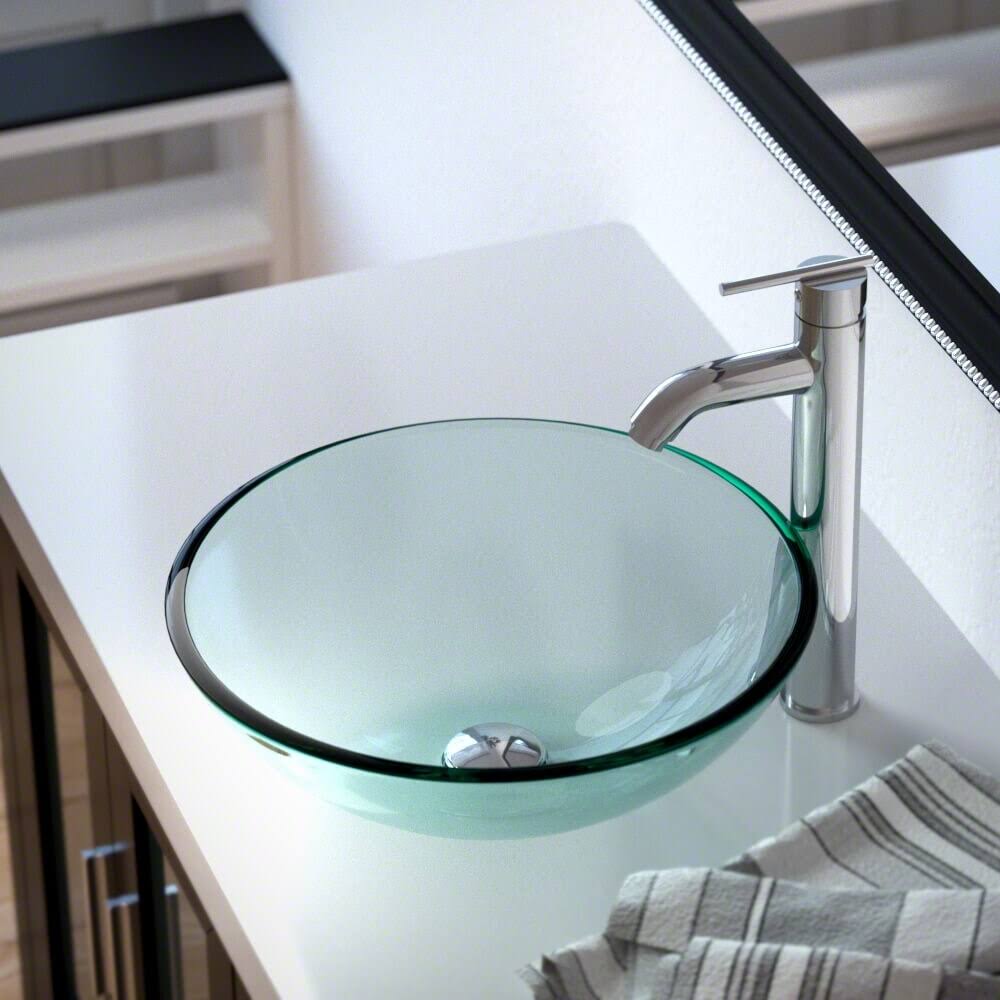 Crystal Vessel Sink Ensemble with Chrome Finish Faucet, Pop-Up Drain, and Sink Ring A283406