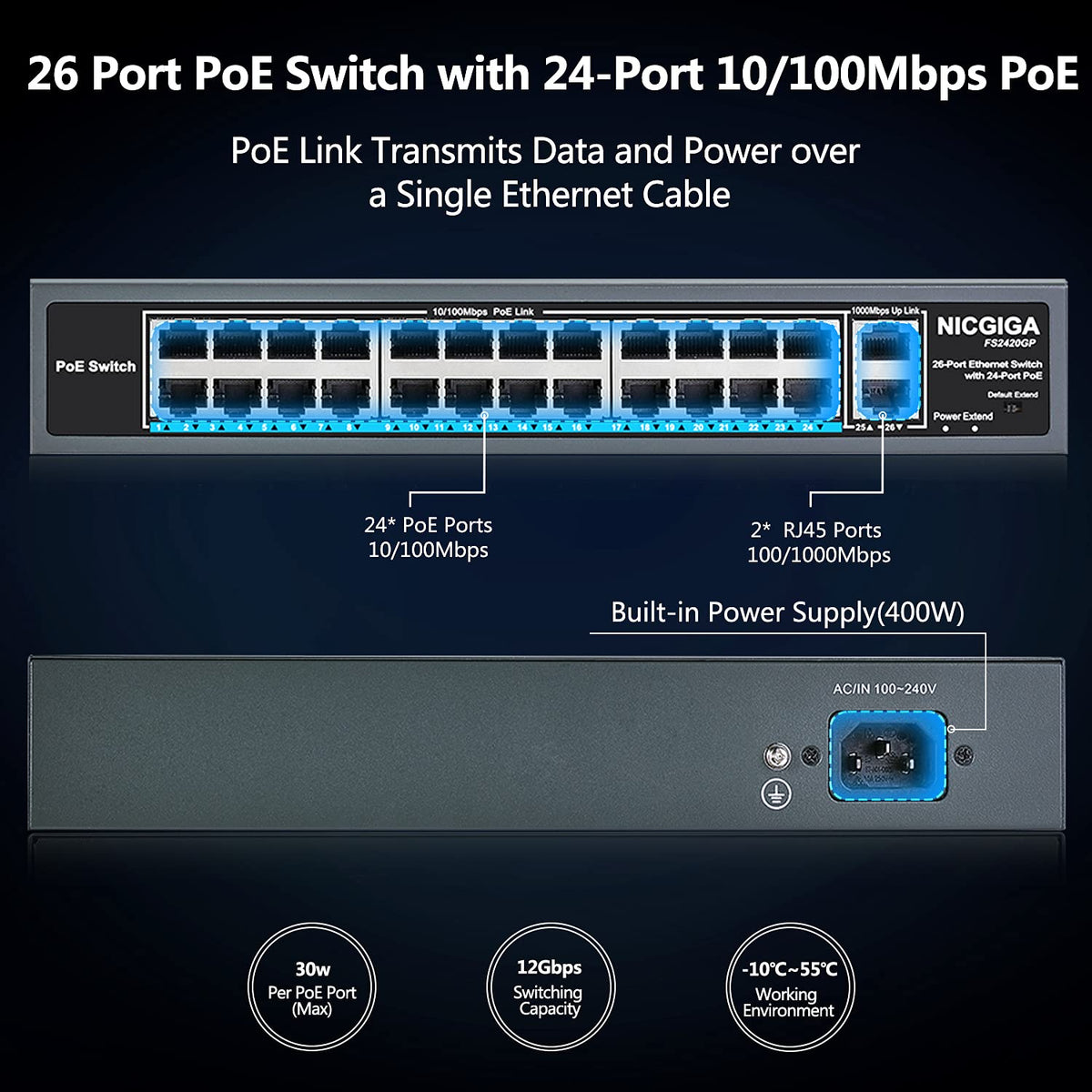 26 Port PoE Switch with 24 Ports 10/100Mbps PoE+@400W, 2 Gigabit Uplink Ports, VLAN Mode, Metal Case, Rack Mount L8576