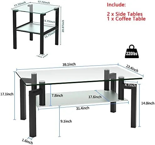 Glass Coffee Table Set of 3 Black Tempered Glass A7504