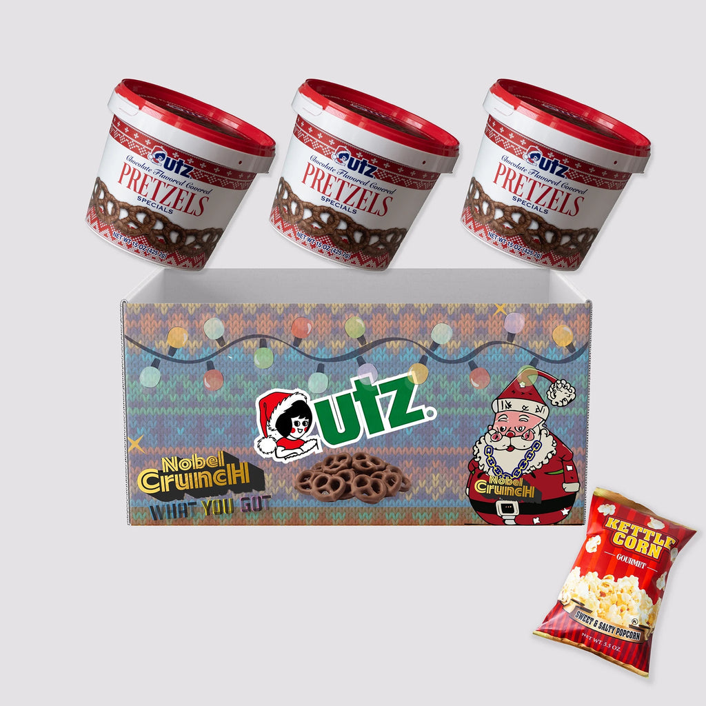 Chocolate Flavored Covered Holiday Pretzels (3, 15oz barrels) - Sweet and Salty Kettle Popcorn (1, 5.5oz) - 4 Items Total S5350