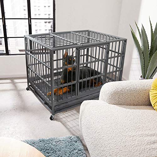 48 Inch Heavy Duty Dog Crate with Wheels, Double Door and Removable Tray M5997