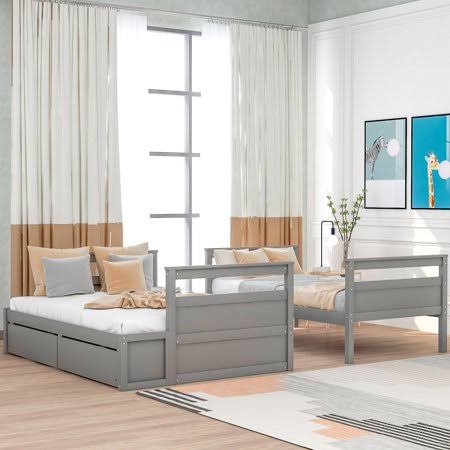 Gray Wood Twin Over Full Bunk Bed with Storage and Safety Guardrail A112