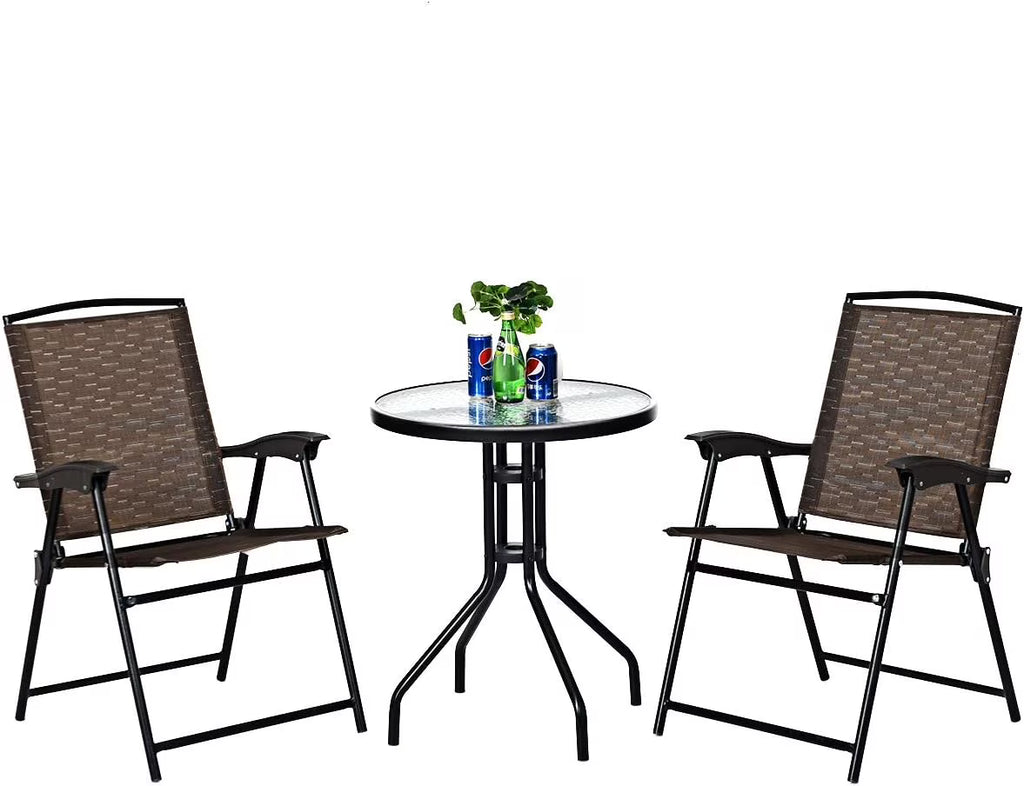 3-Piece Patio Bistro Set with Round Tempered Glass Table and 2 Foldable Chairs M514