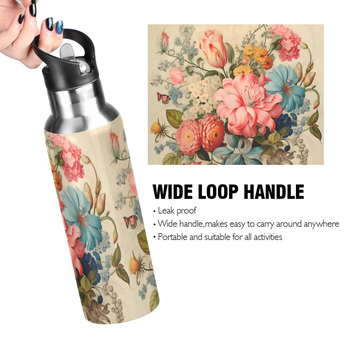 Pink Flowers Print Stainless Steel Insulated Water Bottle with Straw Lid N72653