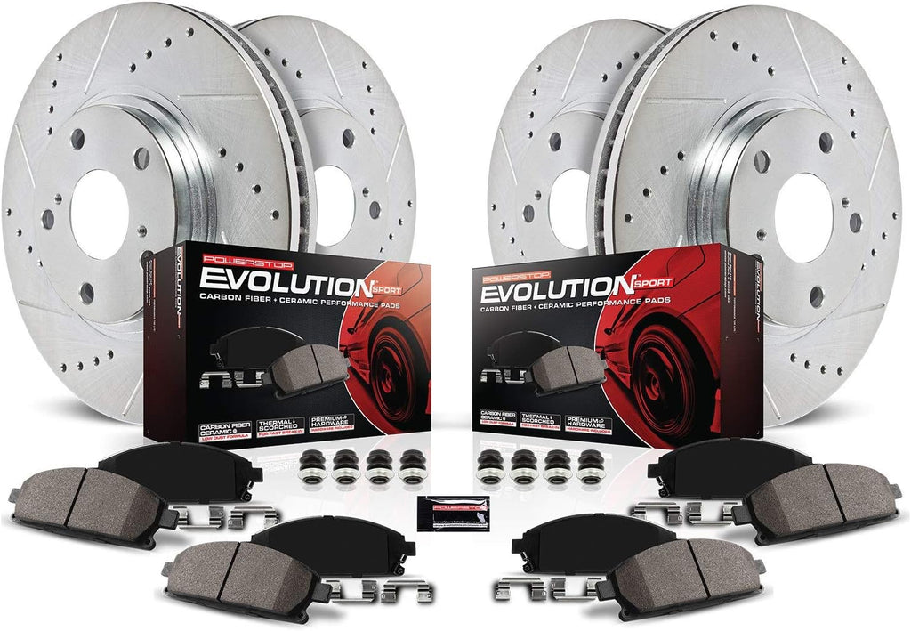 Front and Rear Carbon Fiber Brake Pads with Drilled & Slotted Brake Rotors Kit M8041