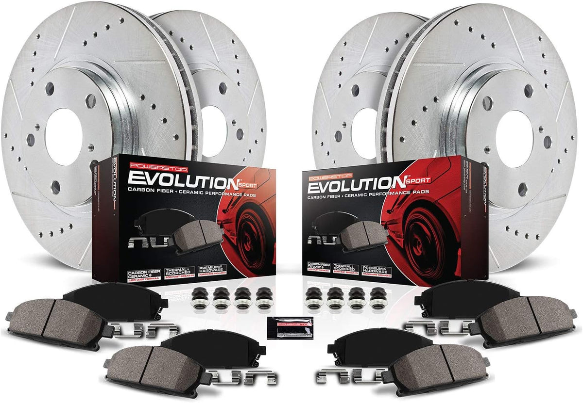 Front and Rear Carbon Fiber Brake Pads with Drilled & Slotted Brake Rotors Kit M8041