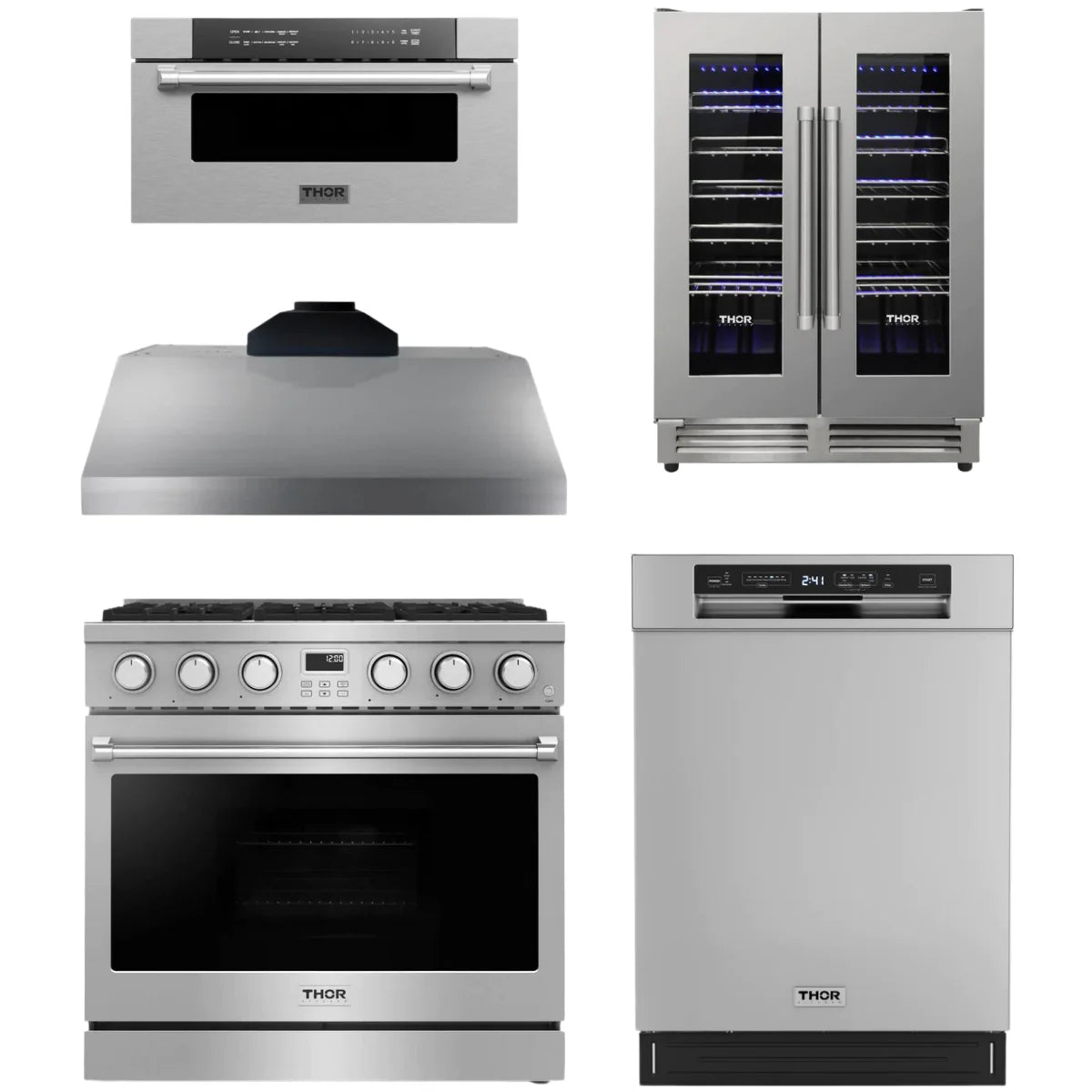 36 Gas Range, Range Hood, Dishwasher, Microwave and Wine Cooler Y344176