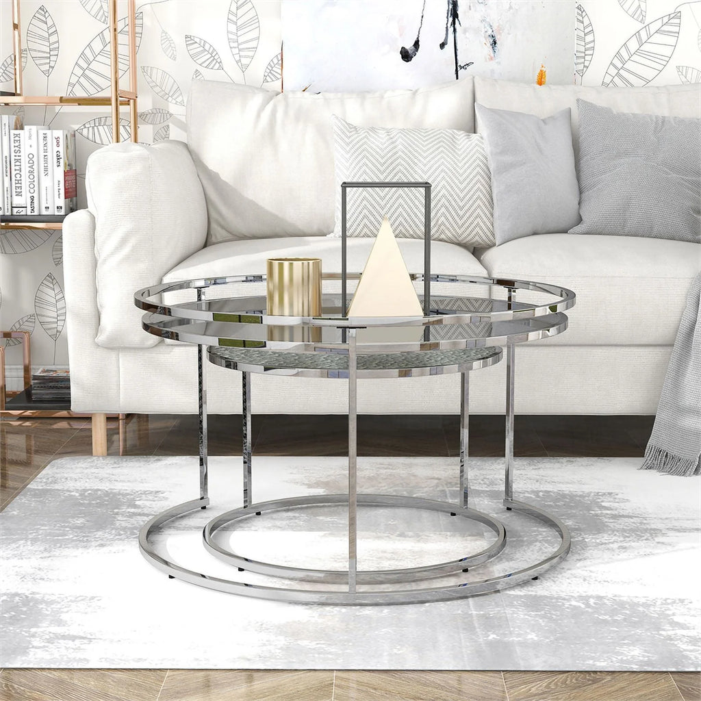 Gray Metal Glass Top 2-Piece Nesting Tables Set B669360