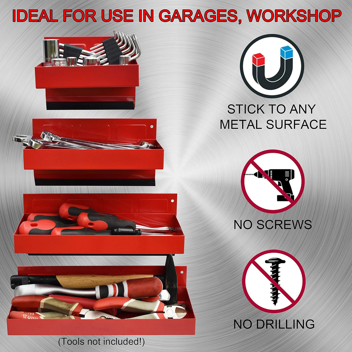 Magnetic Shelf 4-Pcs Set - Red Metal Tool Box with Strong Magnets - Pack of 2 M233182