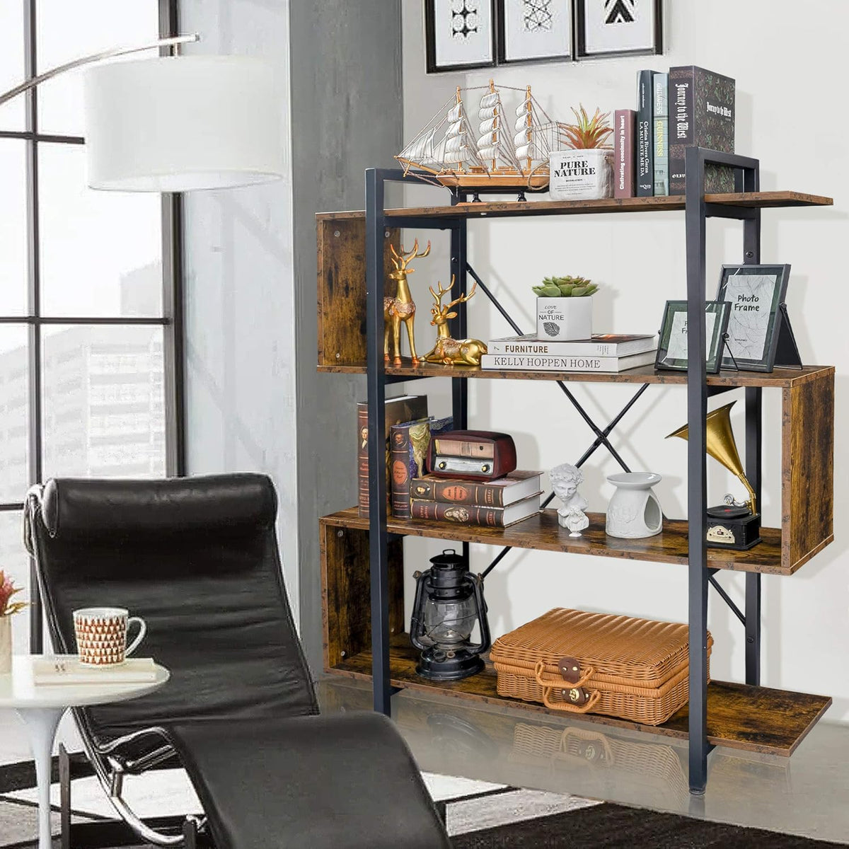 Vintage Industrial 4 Tier S Shaped Bookshelf P637891