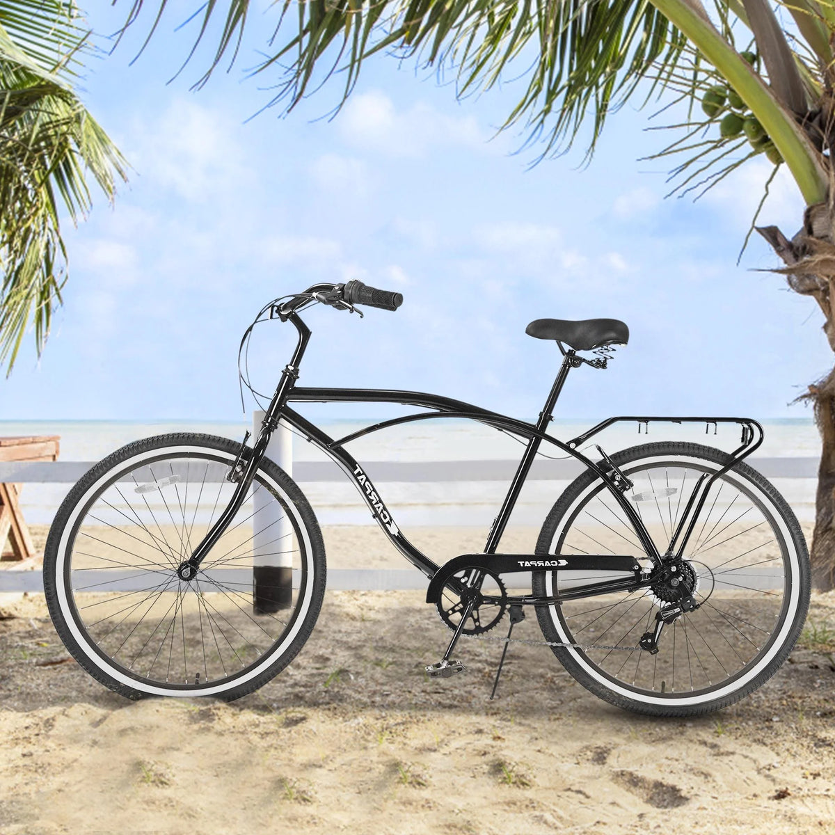 26-inch 7 Speeds Steel Beach Cruiser Bike with Rear Cargo Rack, Black Q456286
