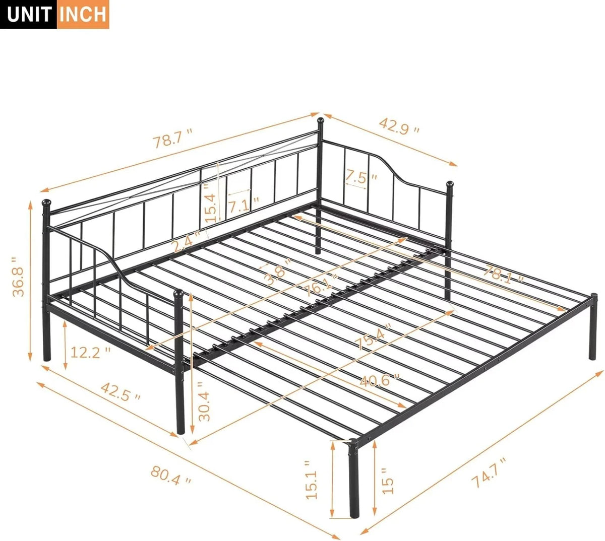 Metal Daybed with Trundle, Twin Size Daybed Frame N8448