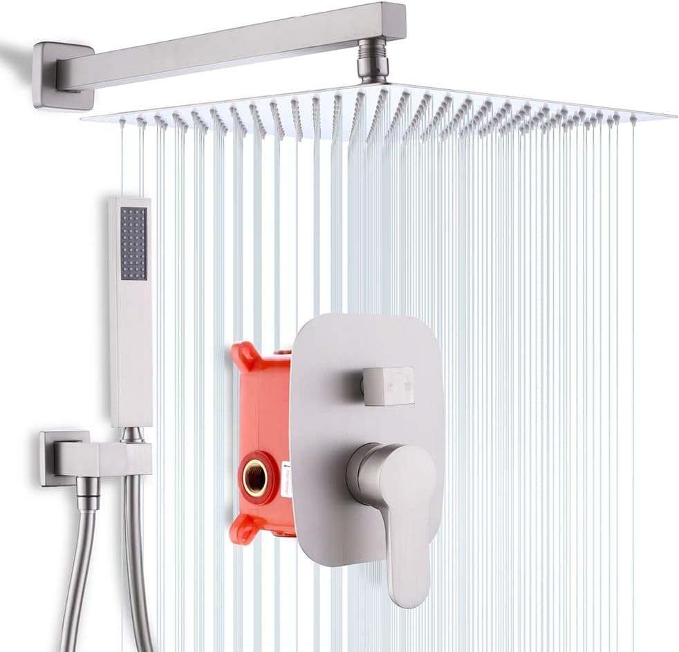Brushed Nickel Rainfall Shower System with Valve, 12 Inch Square Ceiling Mount Shower Set K26339