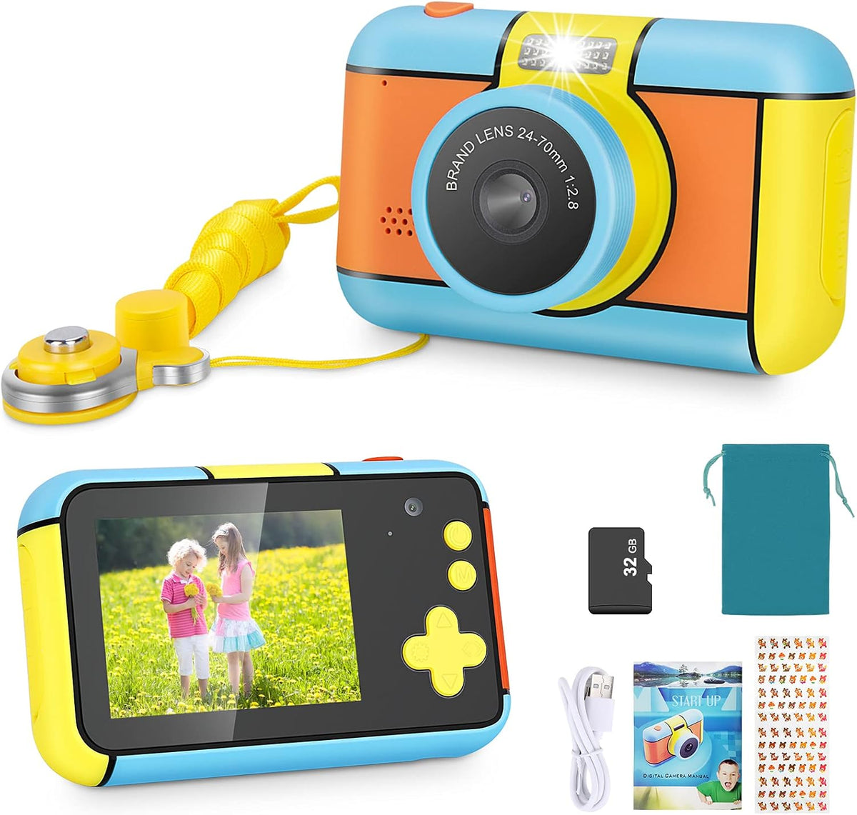 Blue and Yellow 24MP Dual Lens Kids Digital Camera with 32G SD Card I8672
