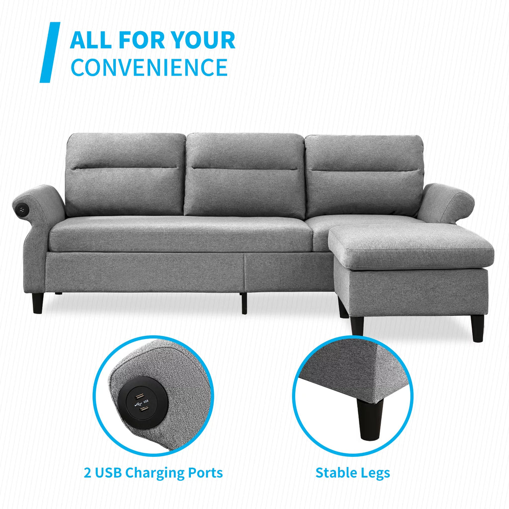 88" Convertible Sectional Sofa Couch with 2 USB Ports, Linen Fabric, Light Grey X2400