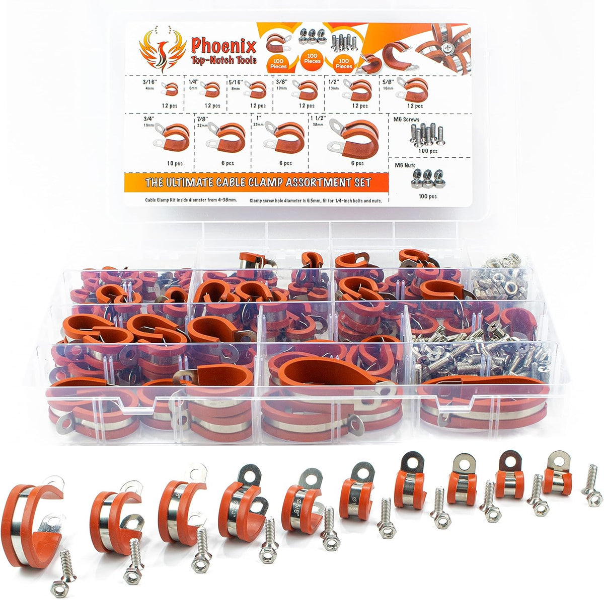 100pcs 304 Stainless Steel Rubber Insulated Cable Clamps 10 Sizes Y345