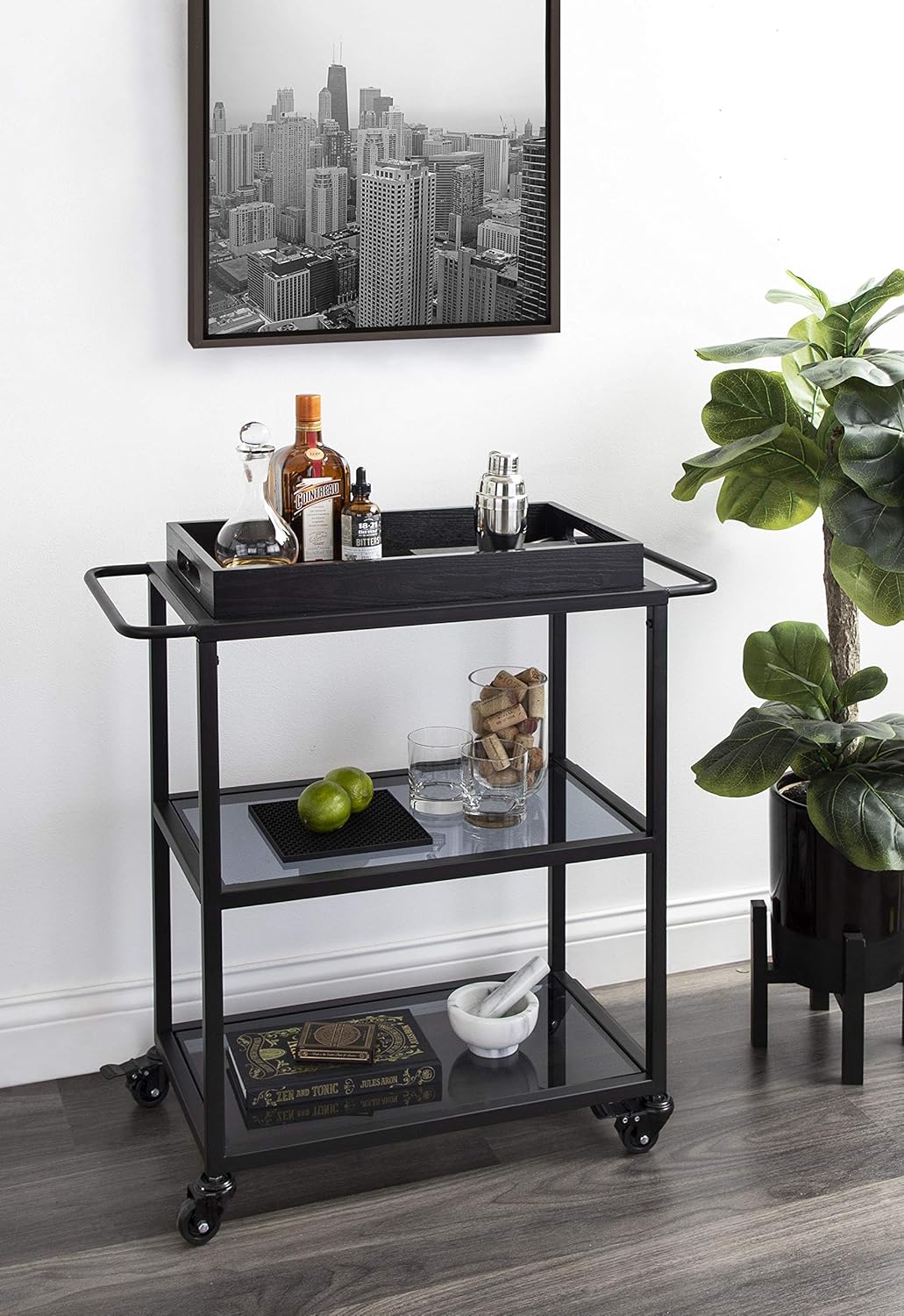Black Metal Bar Cart with Removable Wood Tray N4246