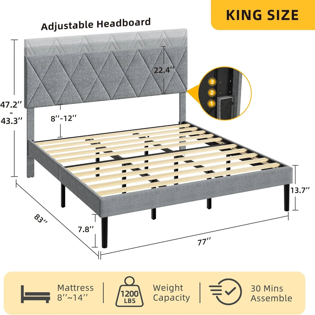 King Size Upholstered Platform Bed with Adjustable Headboard and Under-Bed Storage, Grey Y36779